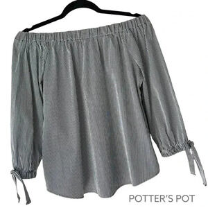 POTTER’S POT | NWOT | OFF SHOULDER BLUE & WHITE STRIPE TIE SLEEVE TOP | SMALL